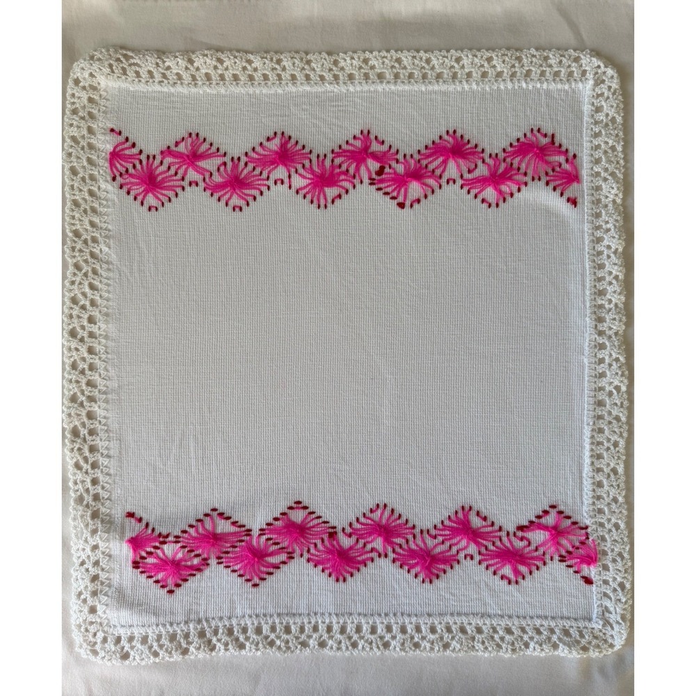 Handmade Mexican Embroidered Table Linen Crochet Lace Pink Floral 16.5x18.5 - Picture 7 of 7